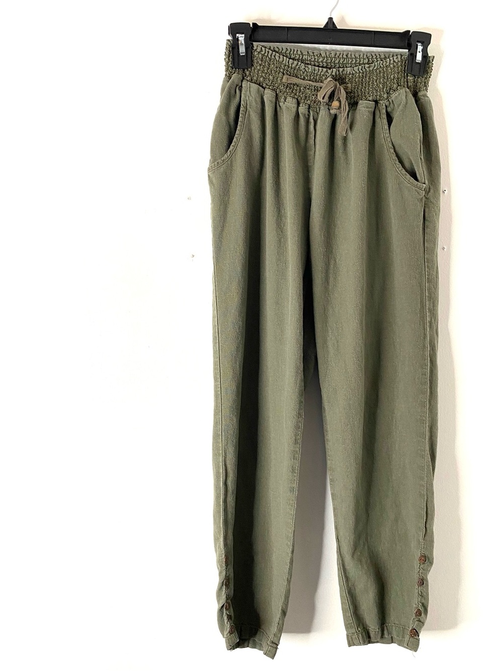 Ci Sono Olive Linen Blend Smocked Waist Button Hem Tapered Pants